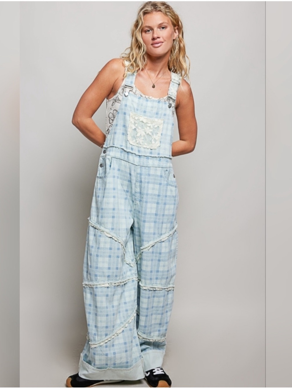 New: POL “Bluebell” Boho Plaid Floral Lace Patchwork Wide Leg Overalls• Large